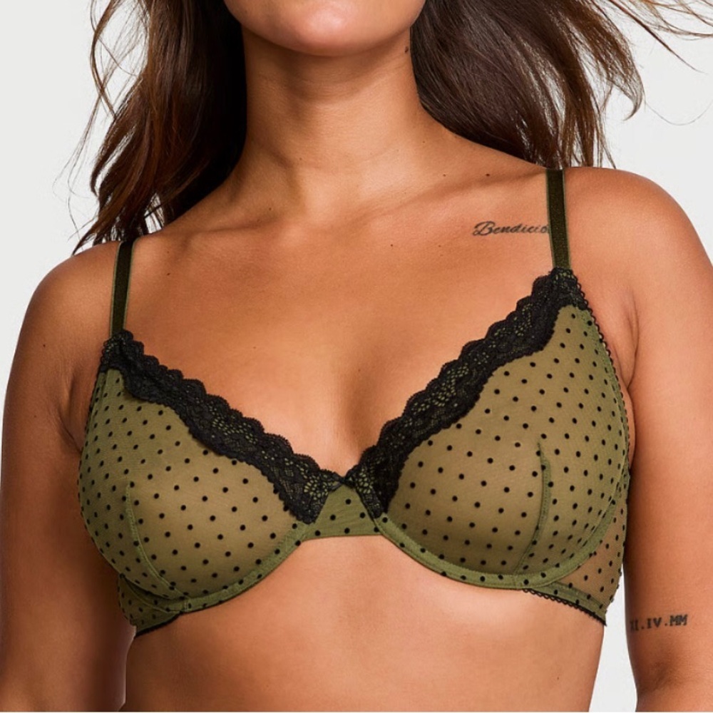 Olive Sheer Polka-Dot Underwire Bra with Black Lace Trim